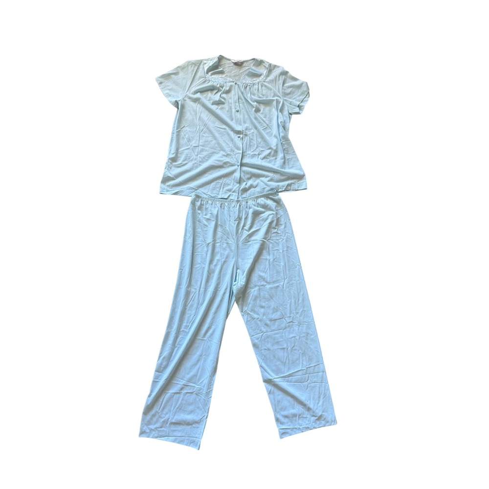Vanity Fair Pajama Set Vintage Baby Blue Nylon Embroidered Coquette Women Large